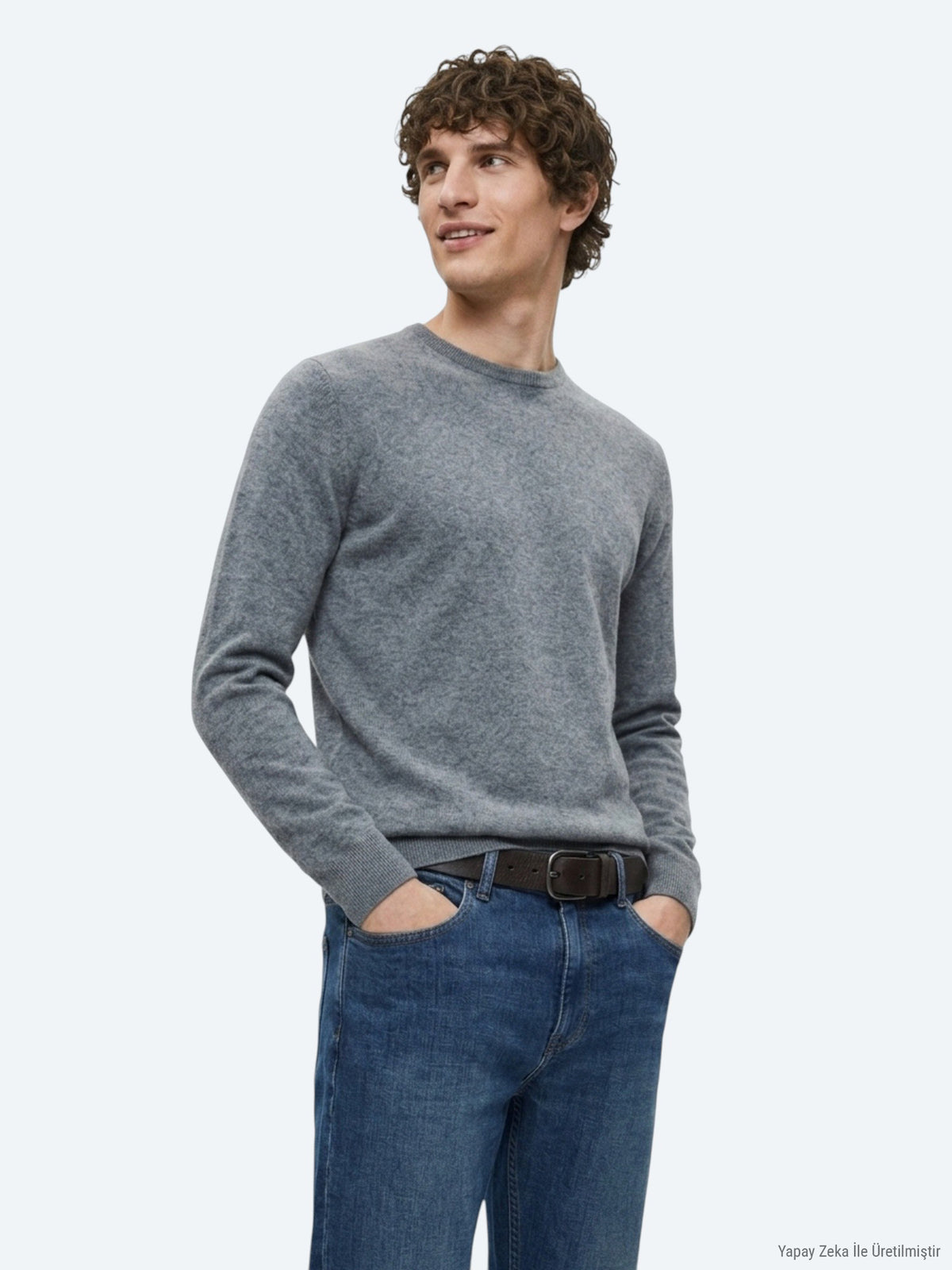 Gri Bisiklet Yaka Pamuk Karışımlı Triko Kazak