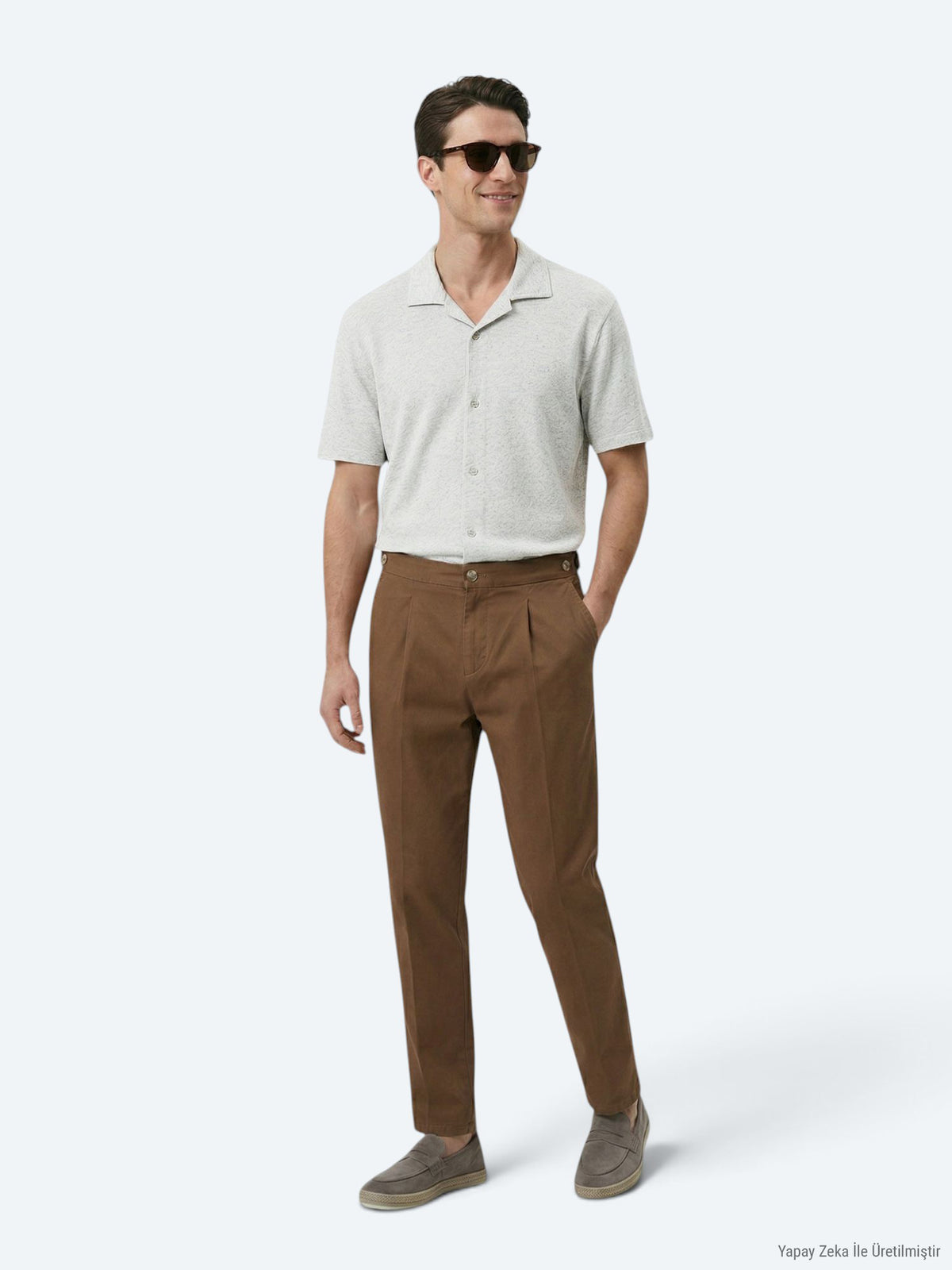 Bej Desenli Regular Fit Kısa Casual Keten Karışımlı Gömlek