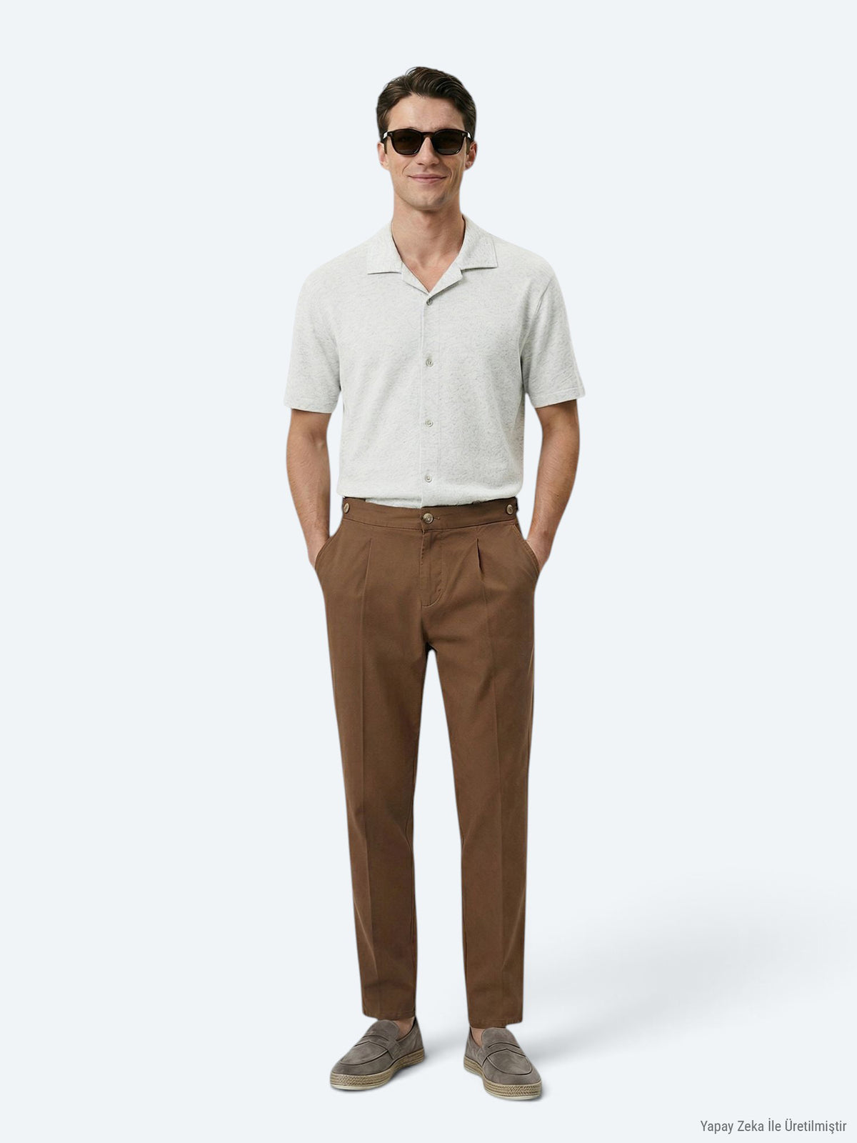 Bej Desenli Regular Fit Kısa Casual Keten Karışımlı Gömlek