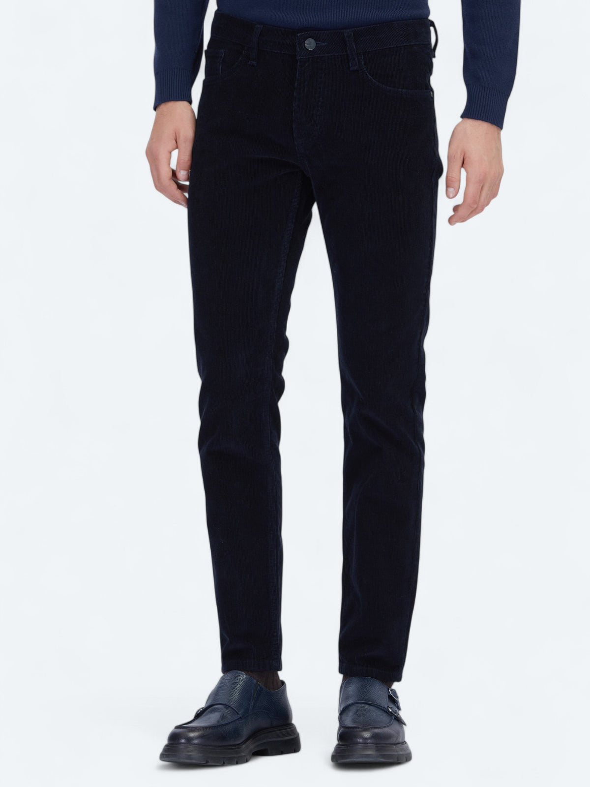 Lacivert Fitilli Dokuma Slim Fit Kadife Casual Pamuk Karışımlı Pantolon