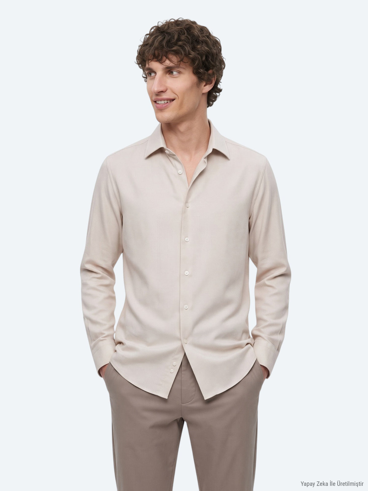 Ekru Regular Fit Uzun Dokuma Casual Gömlek