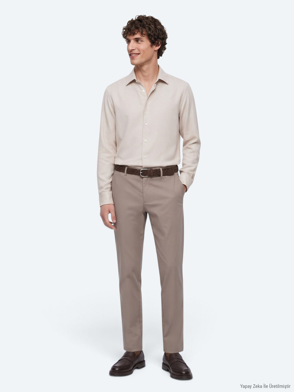 Ekru Regular Fit Uzun Dokuma Casual Gömlek
