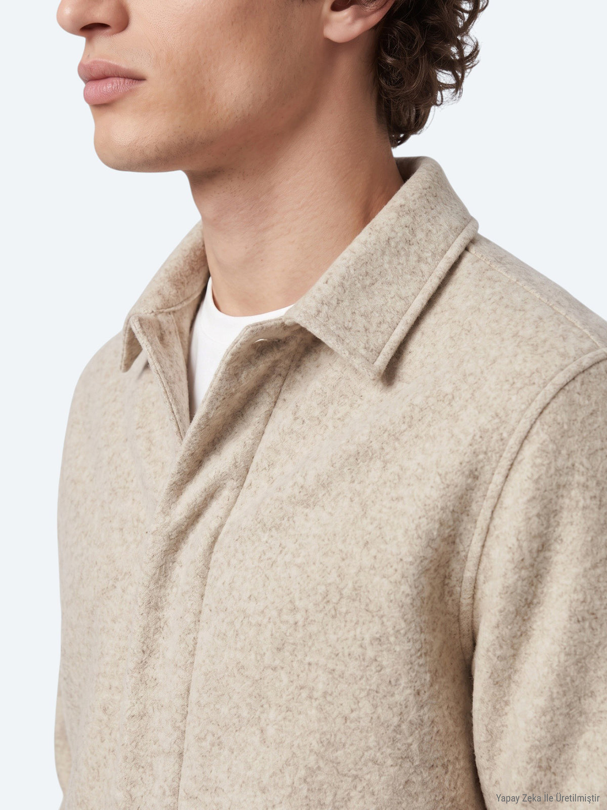 Bej Oversize Fit Uzun Dokuma Yün Karışımlı Overshirt