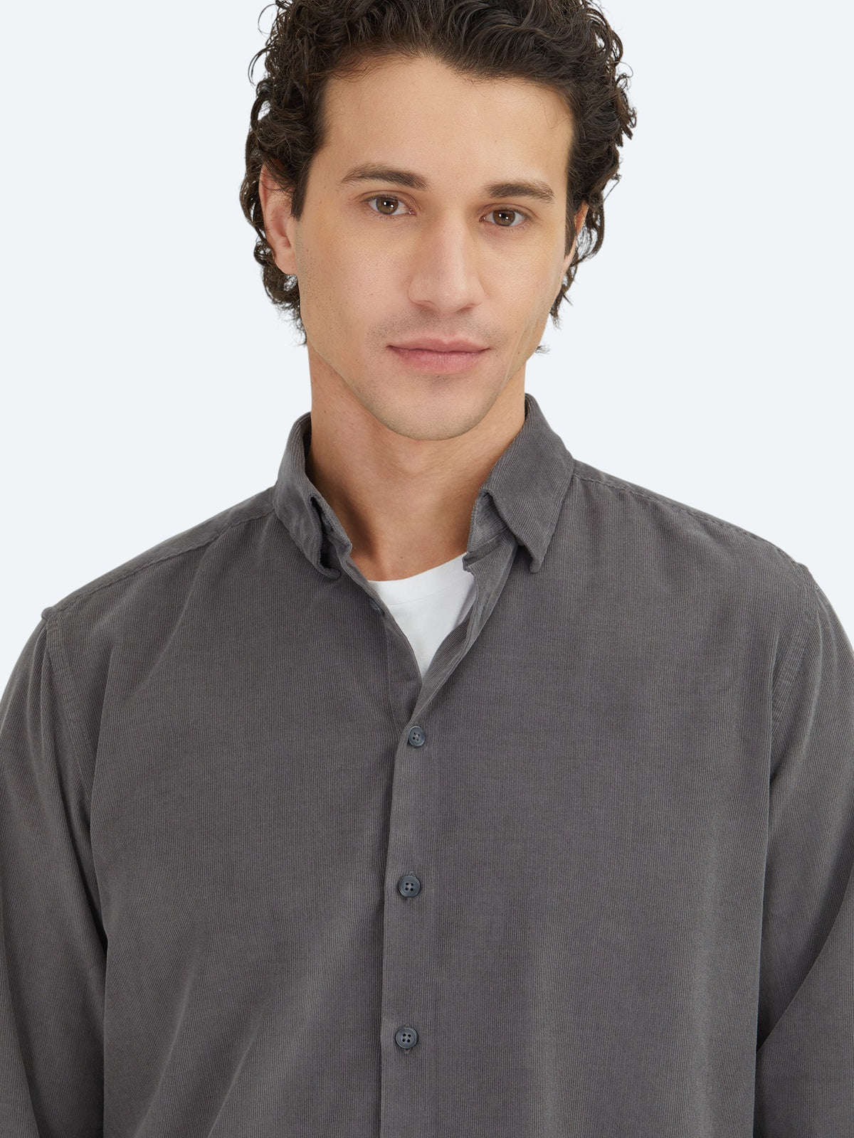 Gri Çizgili Regular Fit Uzun Dokuma Kadife Casual %100 Pamuk Gömlek