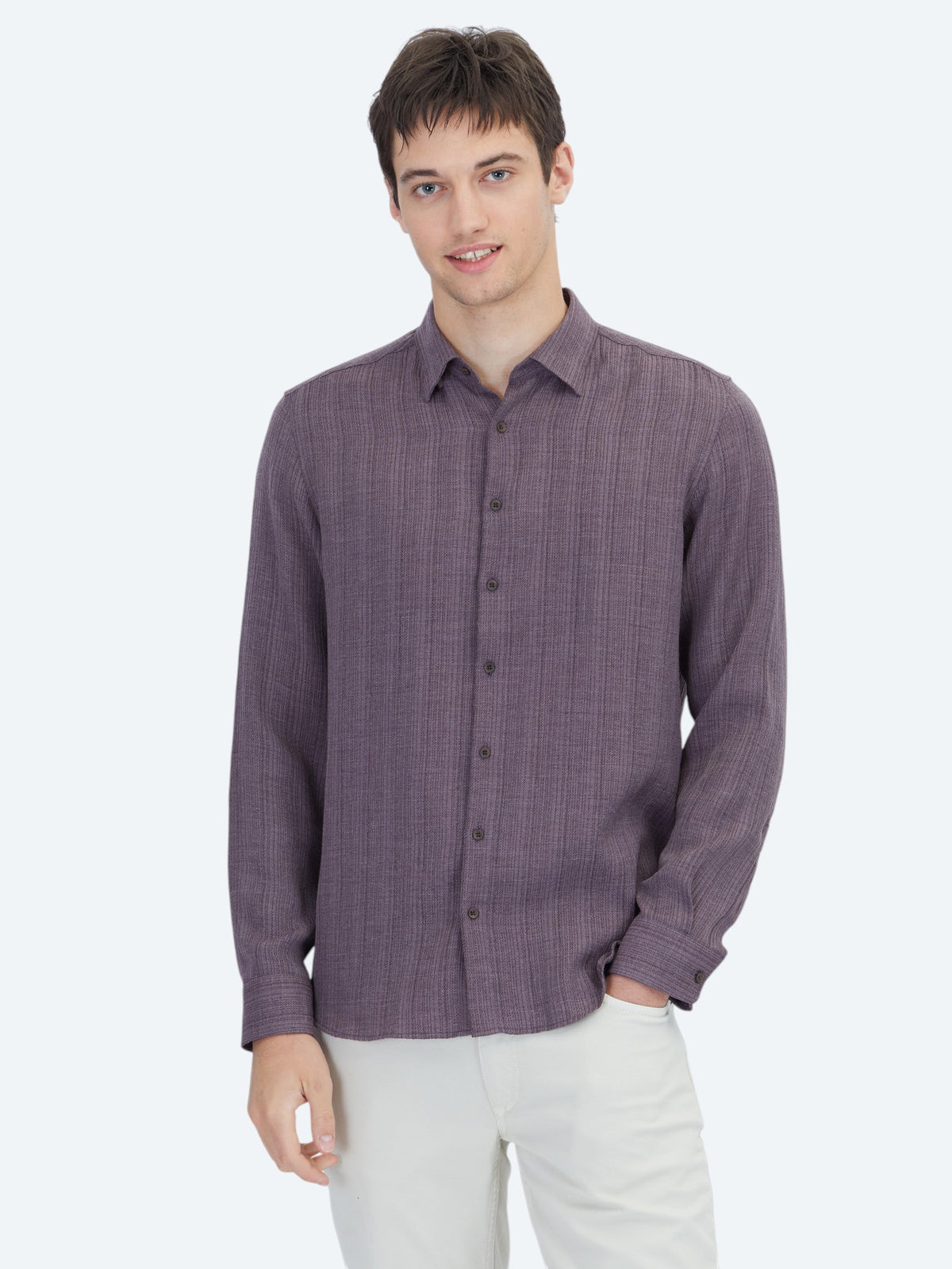 Mürdüm Çizgili Regular Fit Uzun Dokuma Casual Gömlek