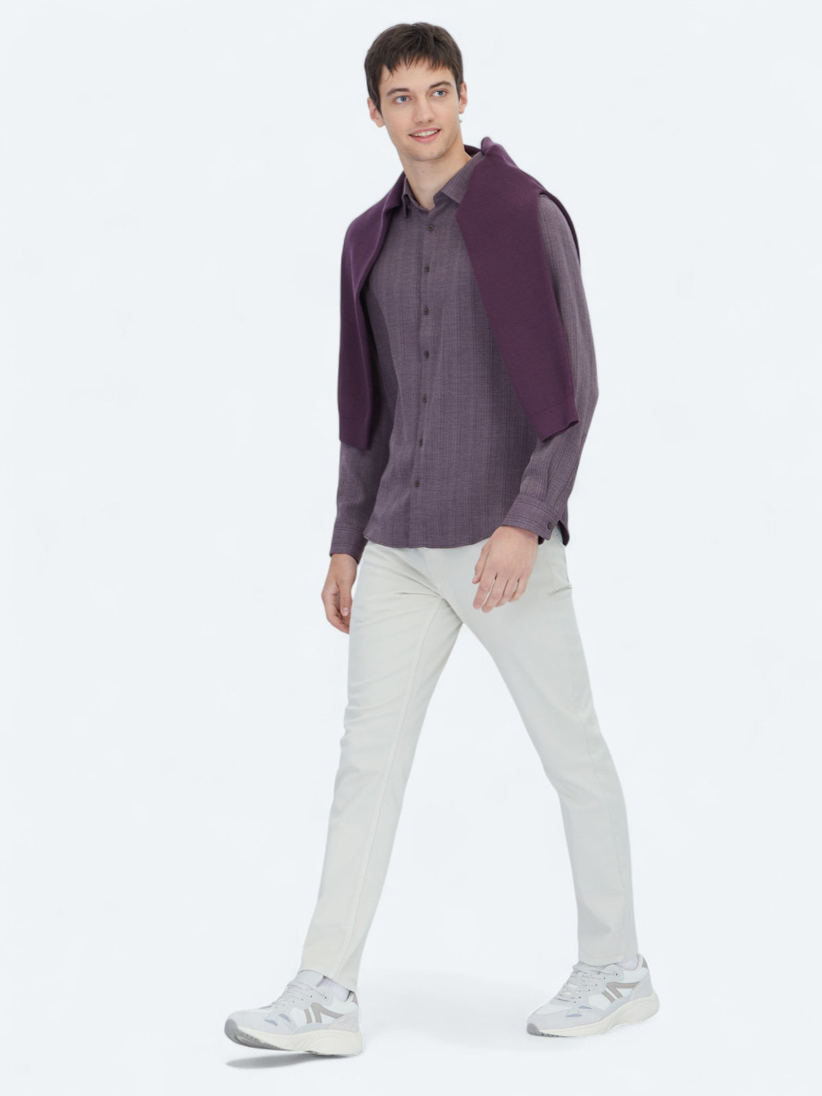 Mürdüm Çizgili Regular Fit Uzun Dokuma Casual Gömlek