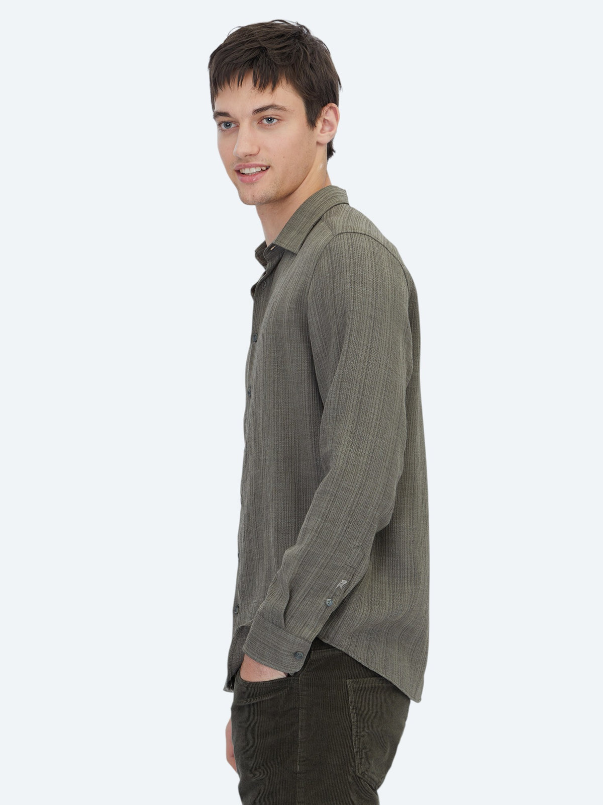Haki Çizgili Regular Fit Uzun Dokuma Casual Gömlek