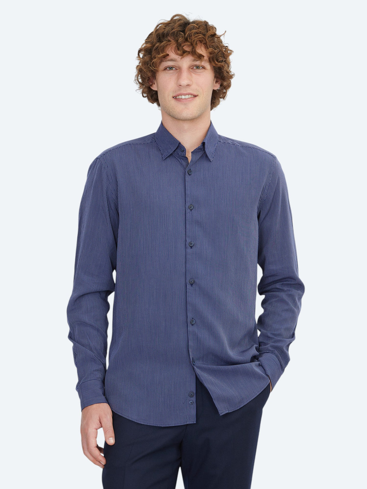 Lacivert Çizgili Regular Fit Uzun Dokuma Casual Gömlek