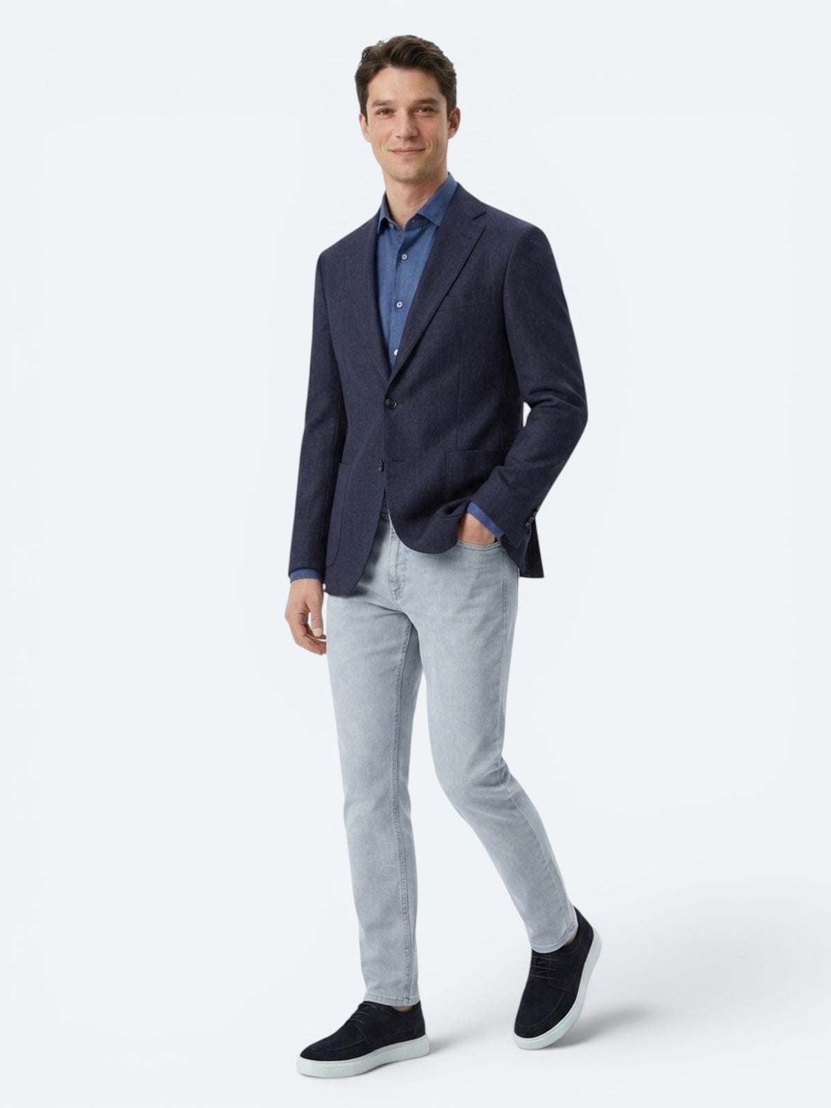 Lacivert Çizgili Modern Fit %100 Keten Ceket