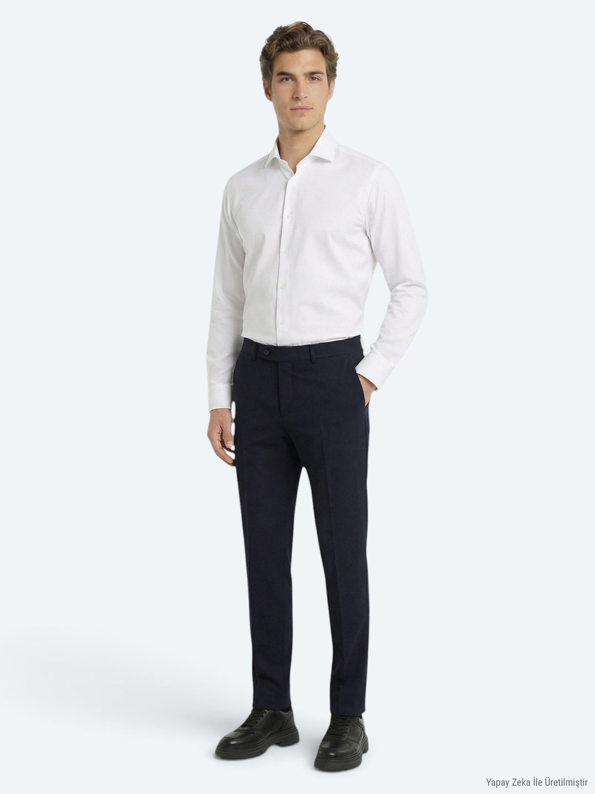 Lacivert Dokuma Fitted Fit Klasik Yün Karışımlı Pantolon