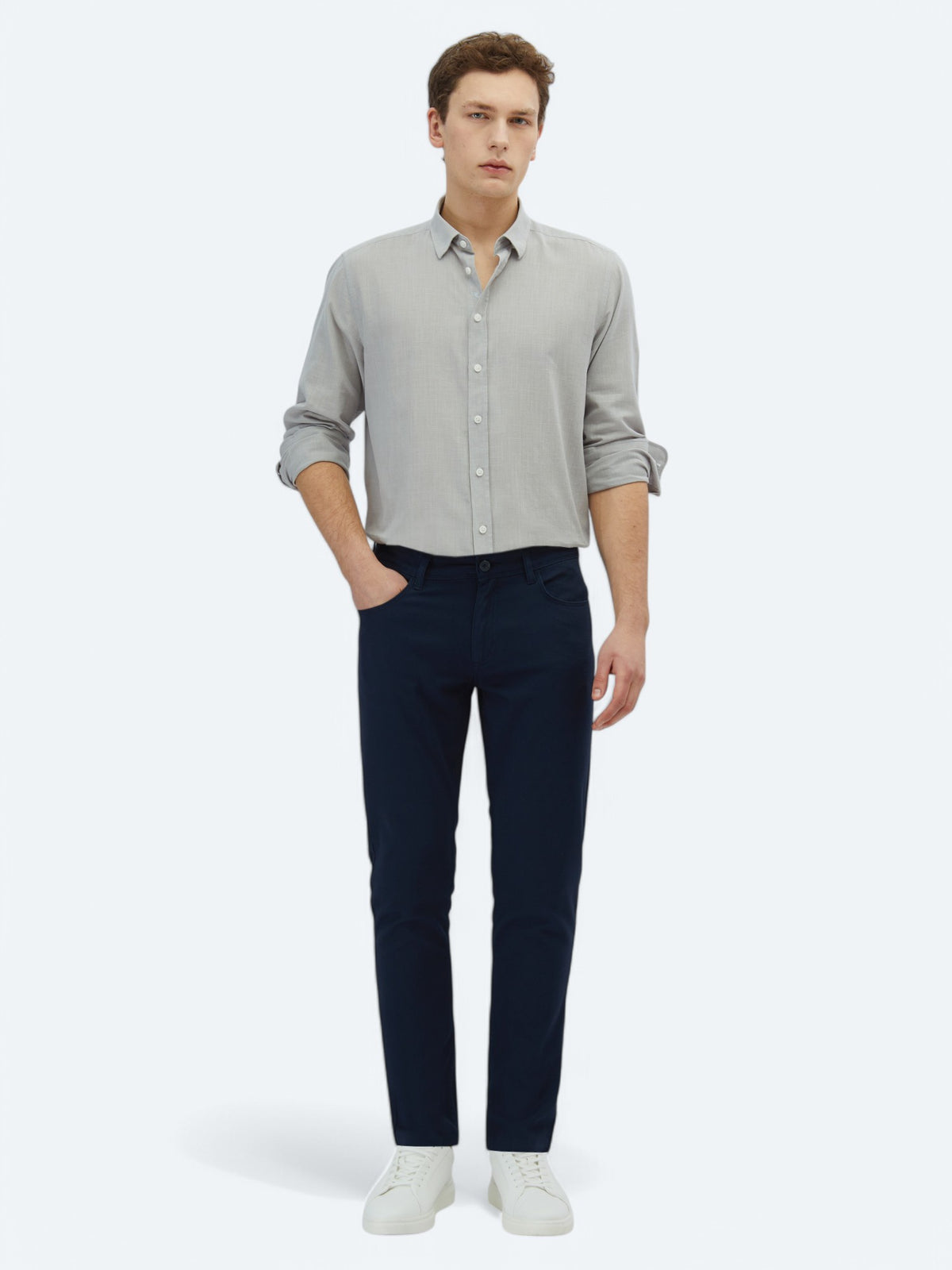 Lacivert Dokuma Slim Fit Casual Pamuk Karışımlı Pantolon
