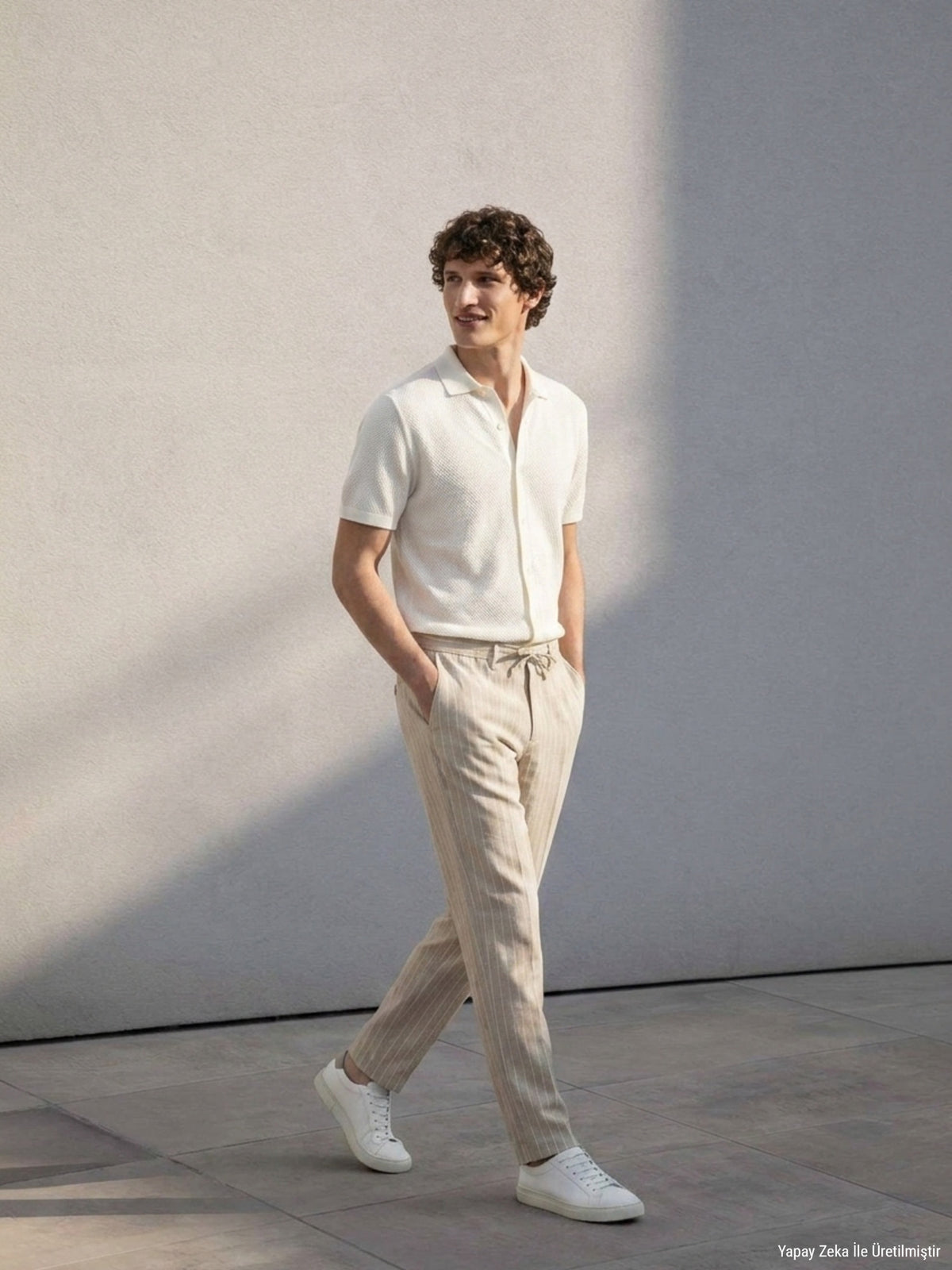 Bej Çizgili Dokuma Jogging Fit Casual Keten Karışımlı Pantolon