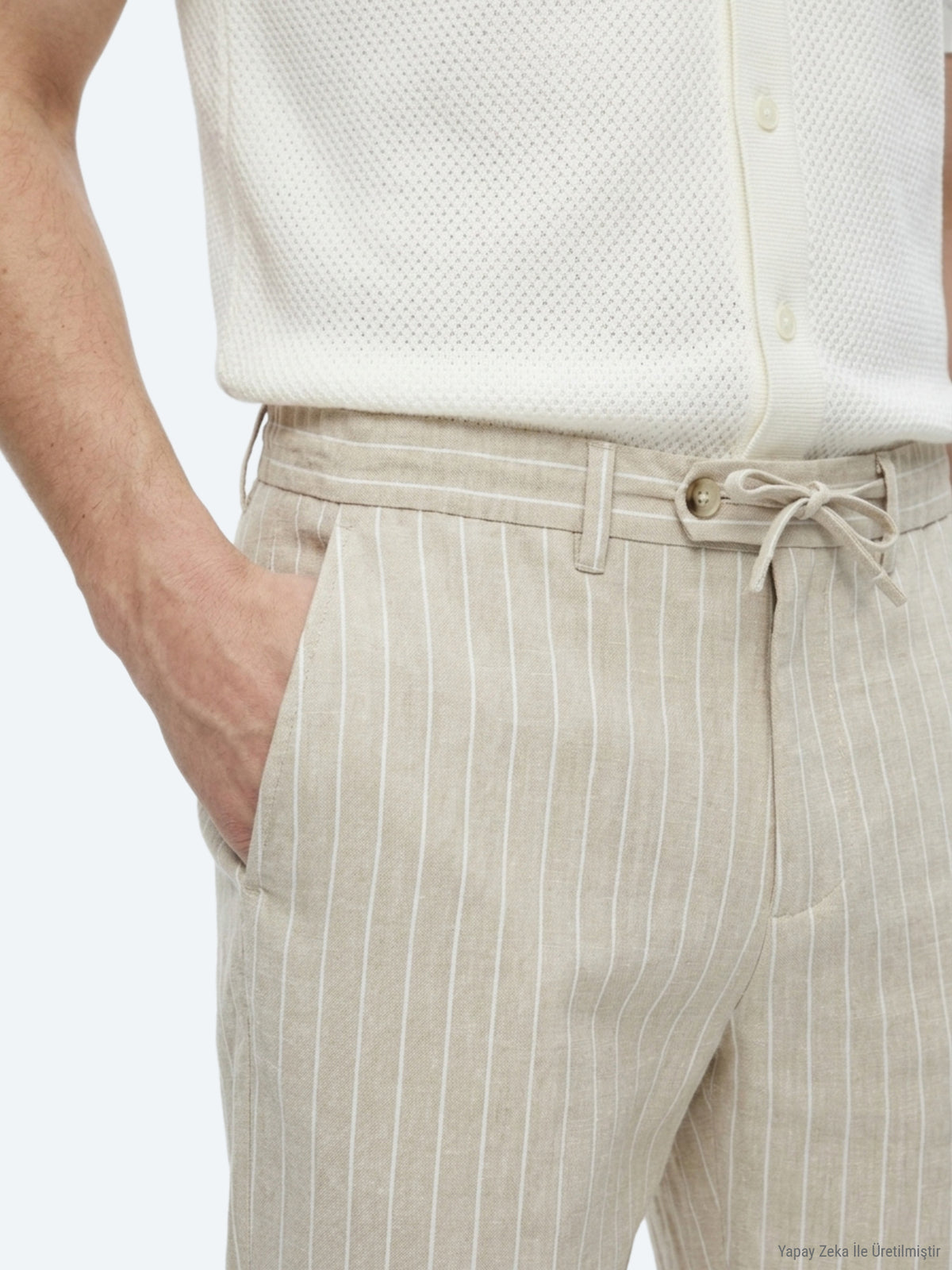 Bej Çizgili Dokuma Jogging Fit Casual Keten Karışımlı Pantolon