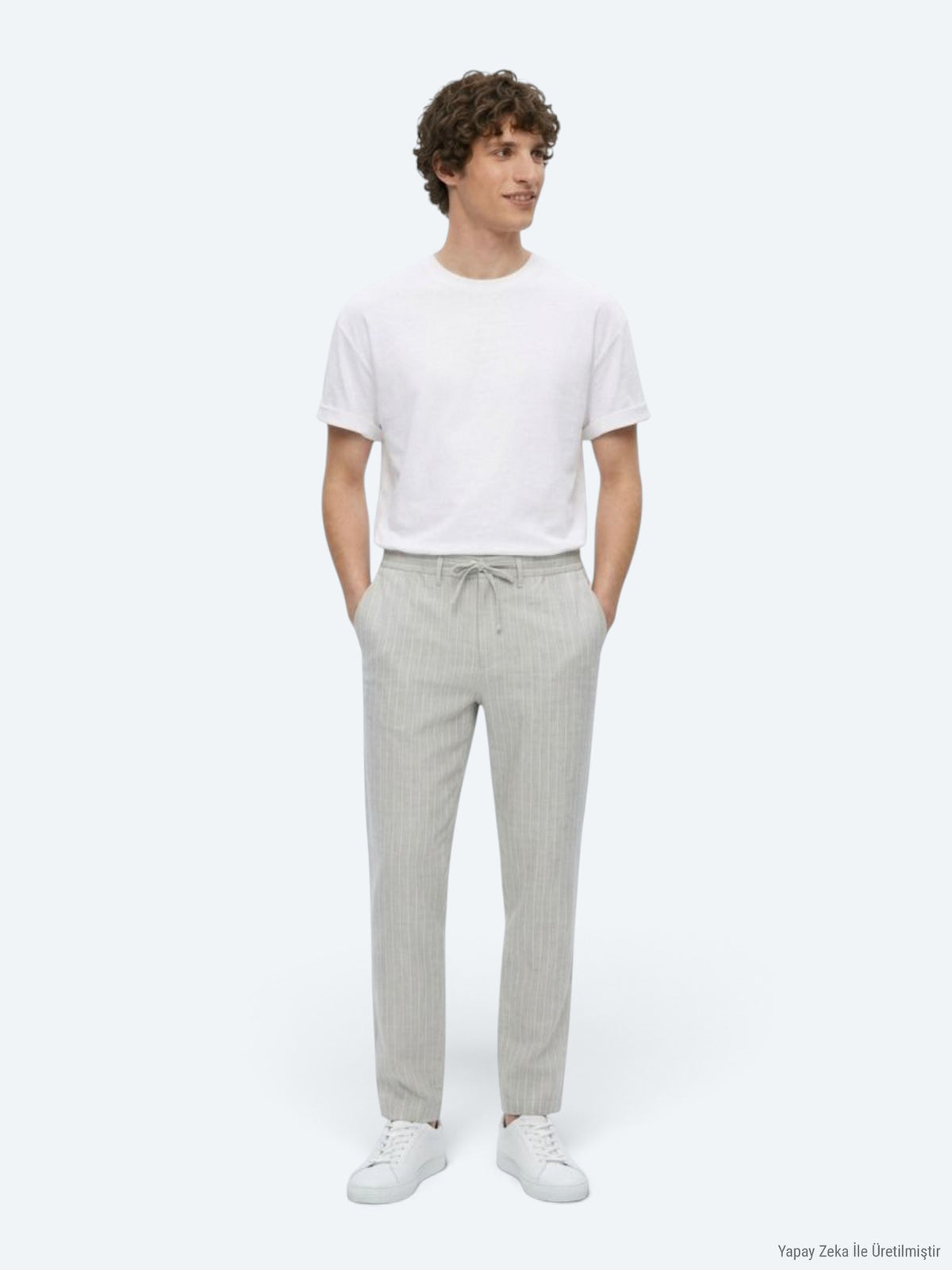 Gri Çizgili Dokuma Jogging Fit Casual Keten Karışımlı Pantolon