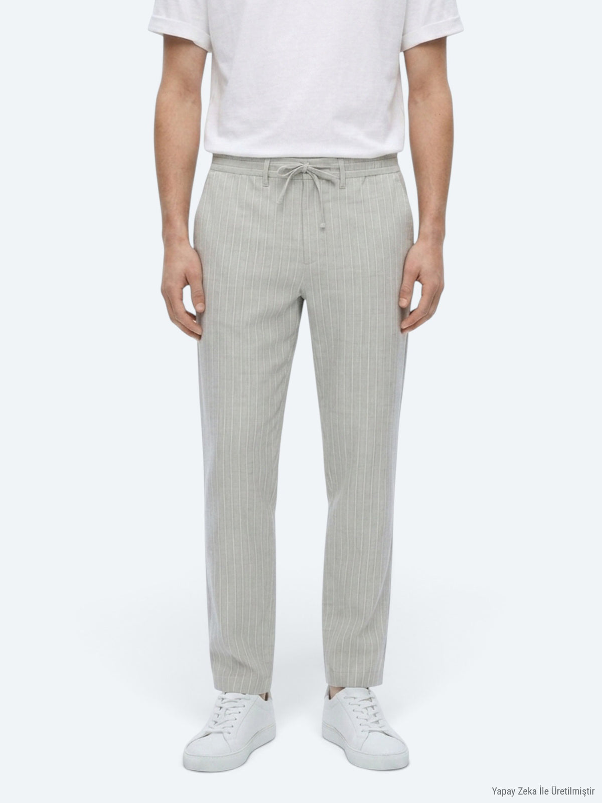 Gri Çizgili Dokuma Jogging Fit Casual Keten Karışımlı Pantolon