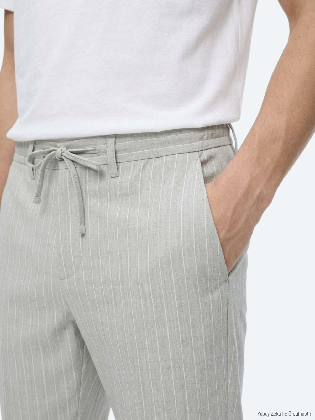 Gri Çizgili Dokuma Jogging Fit Casual Keten Karışımlı Pantolon