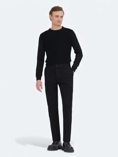 Siyah Düz Dokuma Regular Fit Casual Pamuk Karışımlı Pantolon