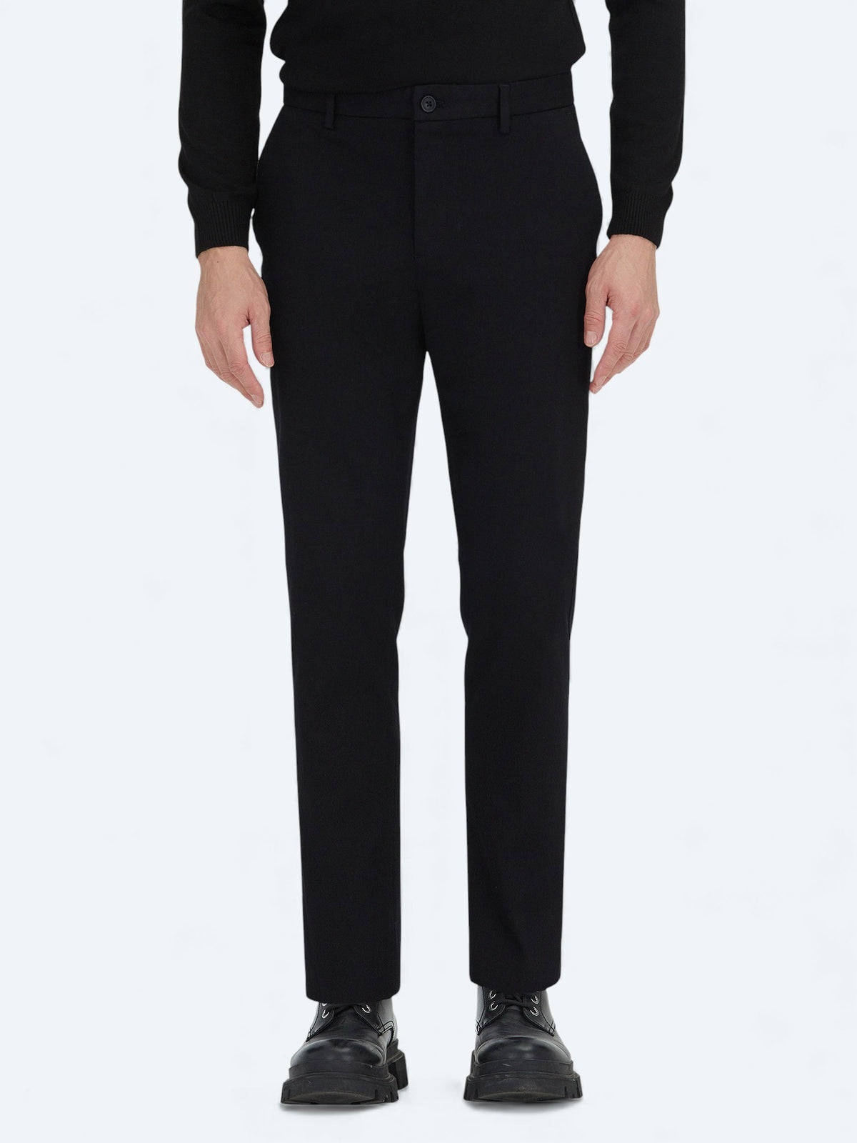 Siyah Düz Dokuma Regular Fit Casual Pamuk Karışımlı Pantolon