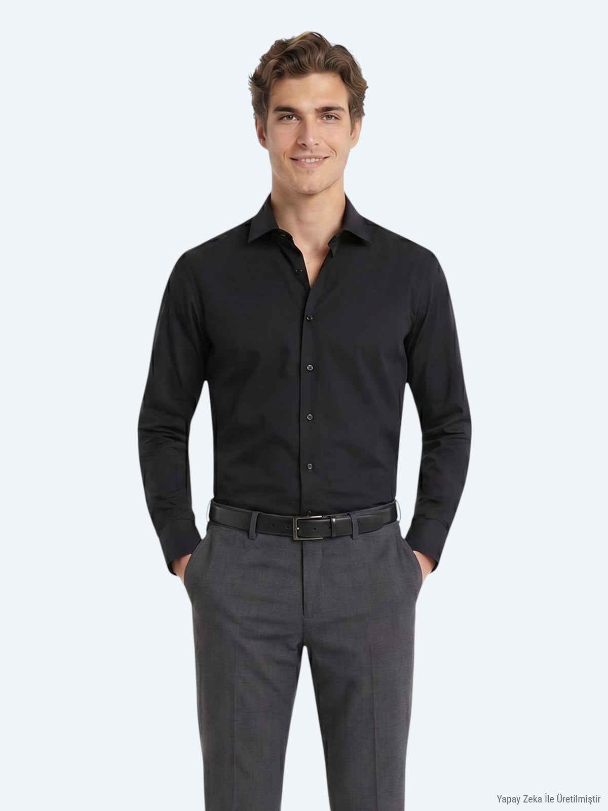Siyah Regular Fit Uzun Dokuma Casual Pamuk Karışımlı Gömlek