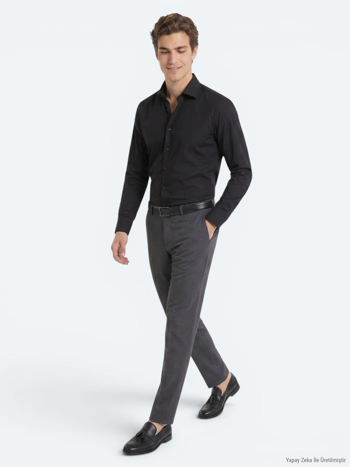 Siyah Regular Fit Uzun Dokuma Casual Pamuk Karışımlı Gömlek