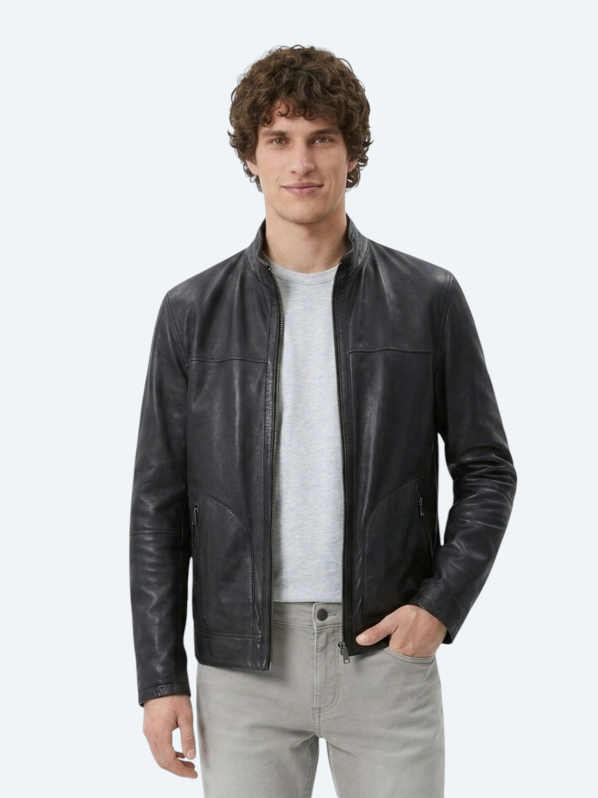 Antrasit Regular Fit Dik Yaka Smart Casual Çift Taraflı Deri Mont