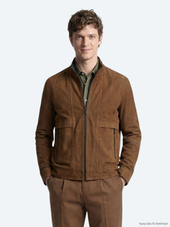 Karamel Regular Fit Dik Yaka Casual Deri Mont