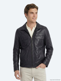 Koyu Lacivert Regular Fit Gömlek Yaka Smart Casual Çift Taraflı Deri Mont
