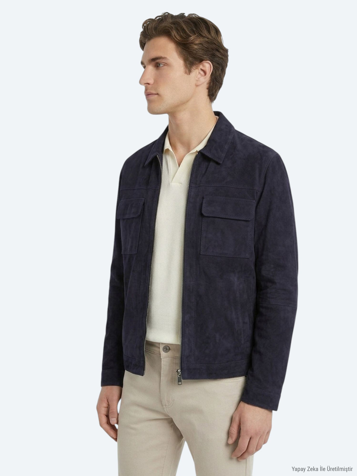 Koyu Lacivert Regular Fit Gömlek Yaka Smart Casual Çift Taraflı Deri Mont