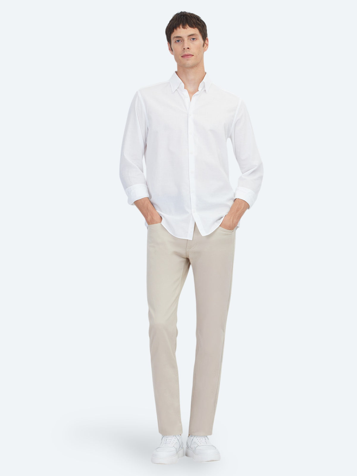 Beyaz Düz Regular Fit Uzun Dokuma Casual %100 Pamuk Gömlek