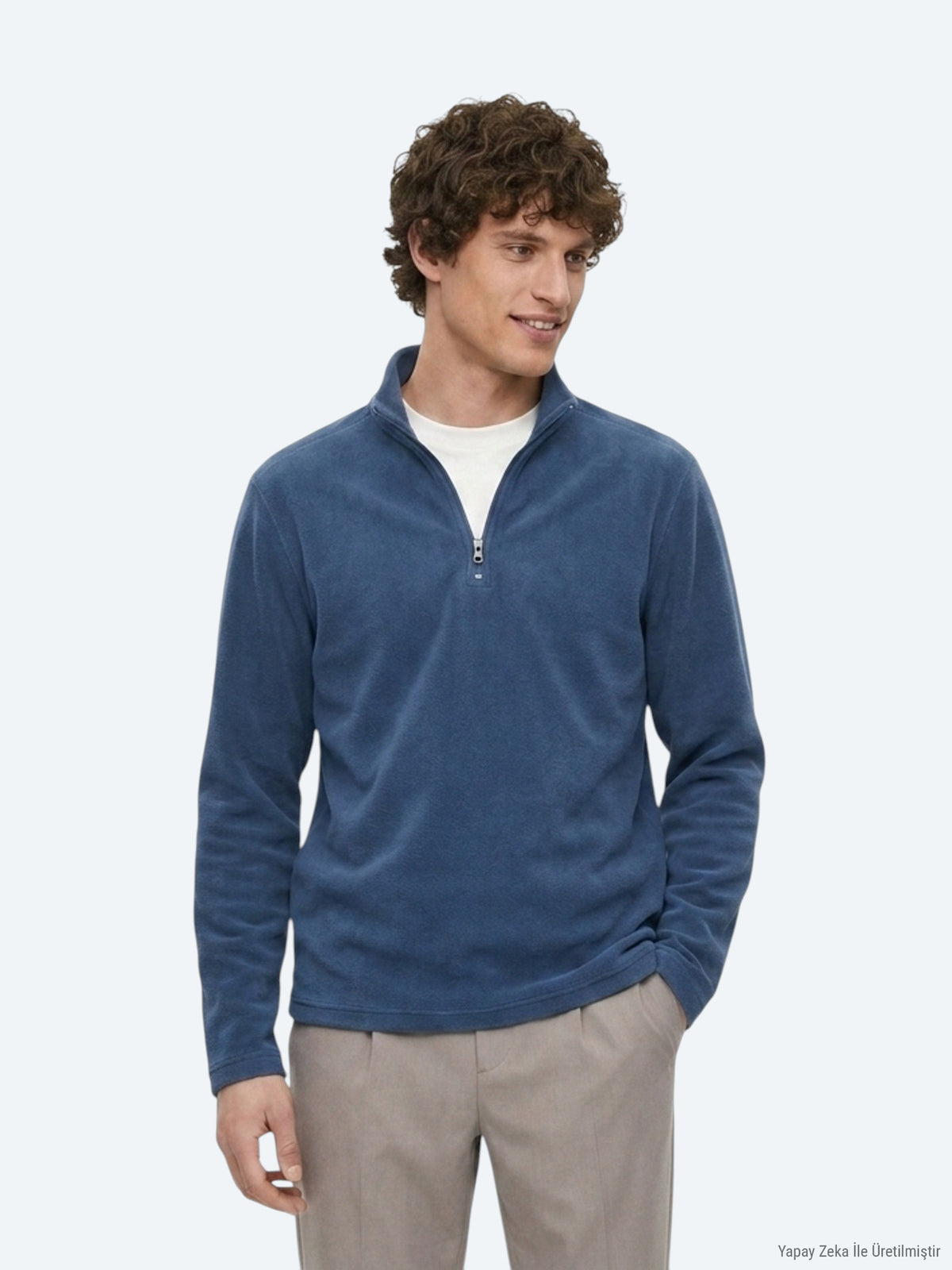 İndigo Dik Yaka Düz Polar Sweatshırt