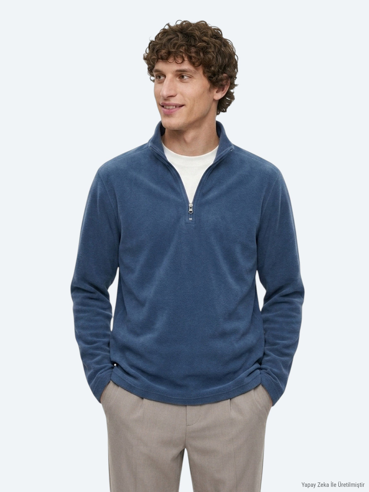 İndigo Dik Yaka Düz Polar Sweatshırt