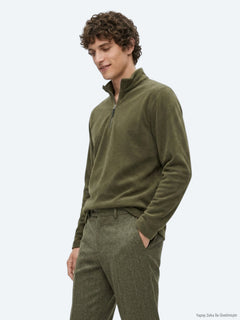Haki Dik Yaka Düz Polar Sweatshırt