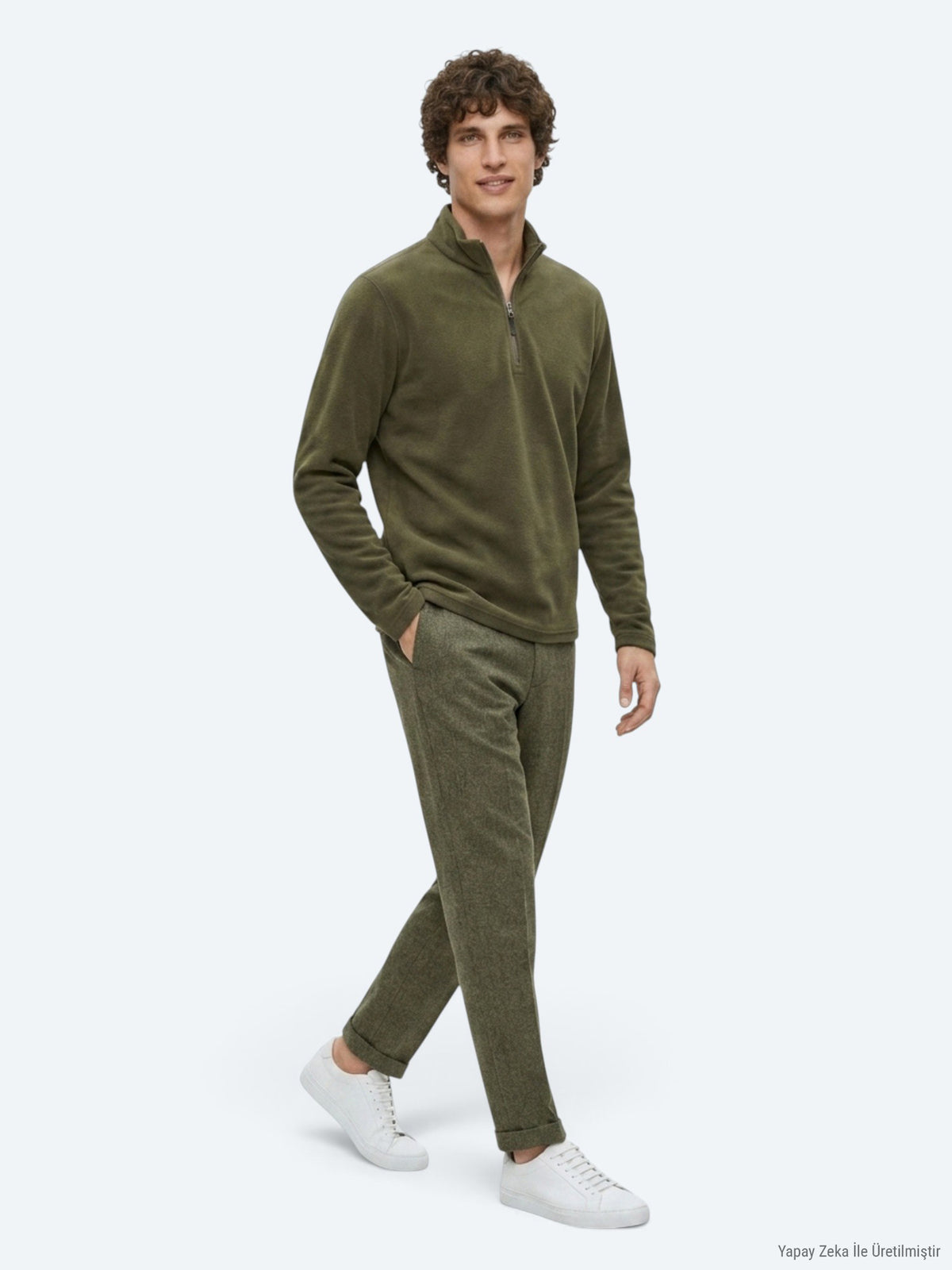 Haki Dik Yaka Düz Polar Sweatshırt