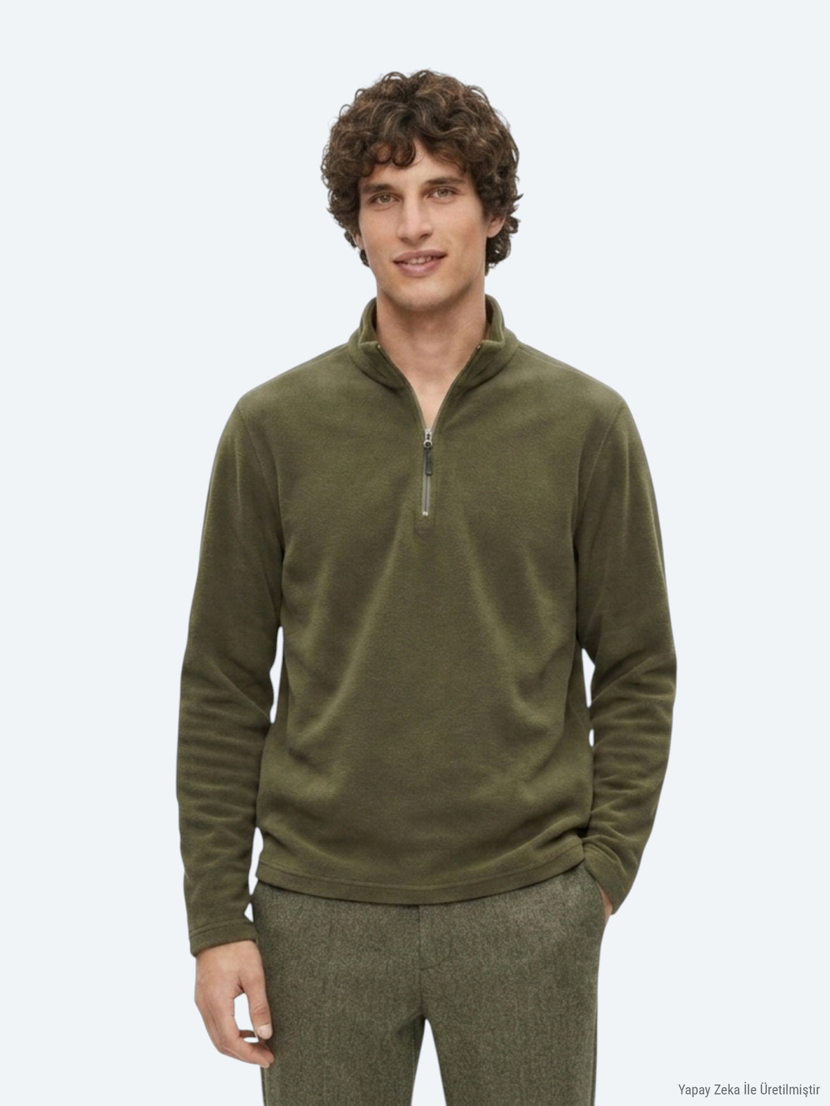 Haki Dik Yaka Düz Polar Sweatshırt