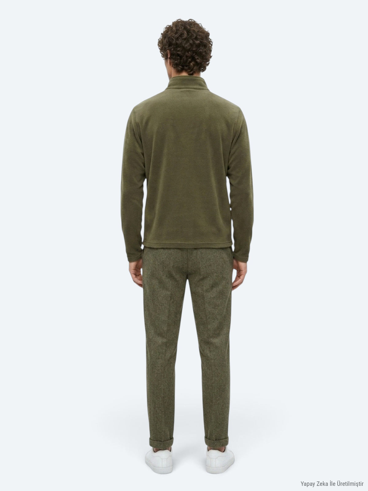 Haki Dik Yaka Düz Polar Sweatshırt