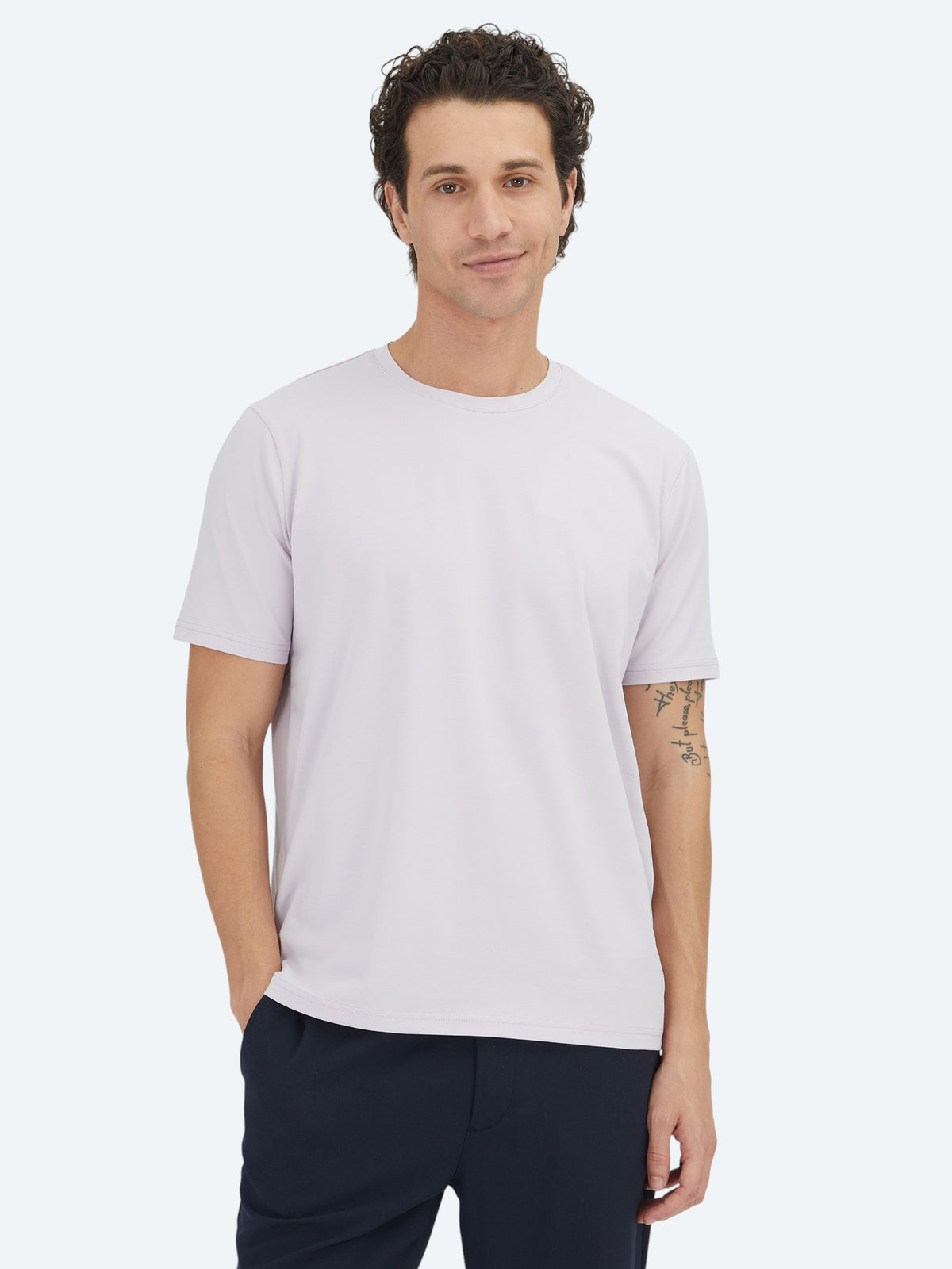 Lila Düz Bisiklet Yaka Pamuk Karışımlı T-Shirt