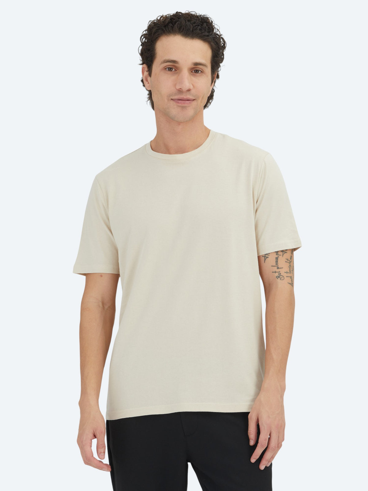 Bej Düz Bisiklet Yaka %100 Pamuk T-Shirt