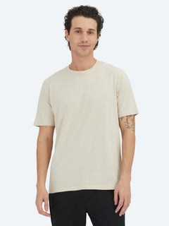 Bej Düz Bisiklet Yaka %100 Pamuk T-Shirt