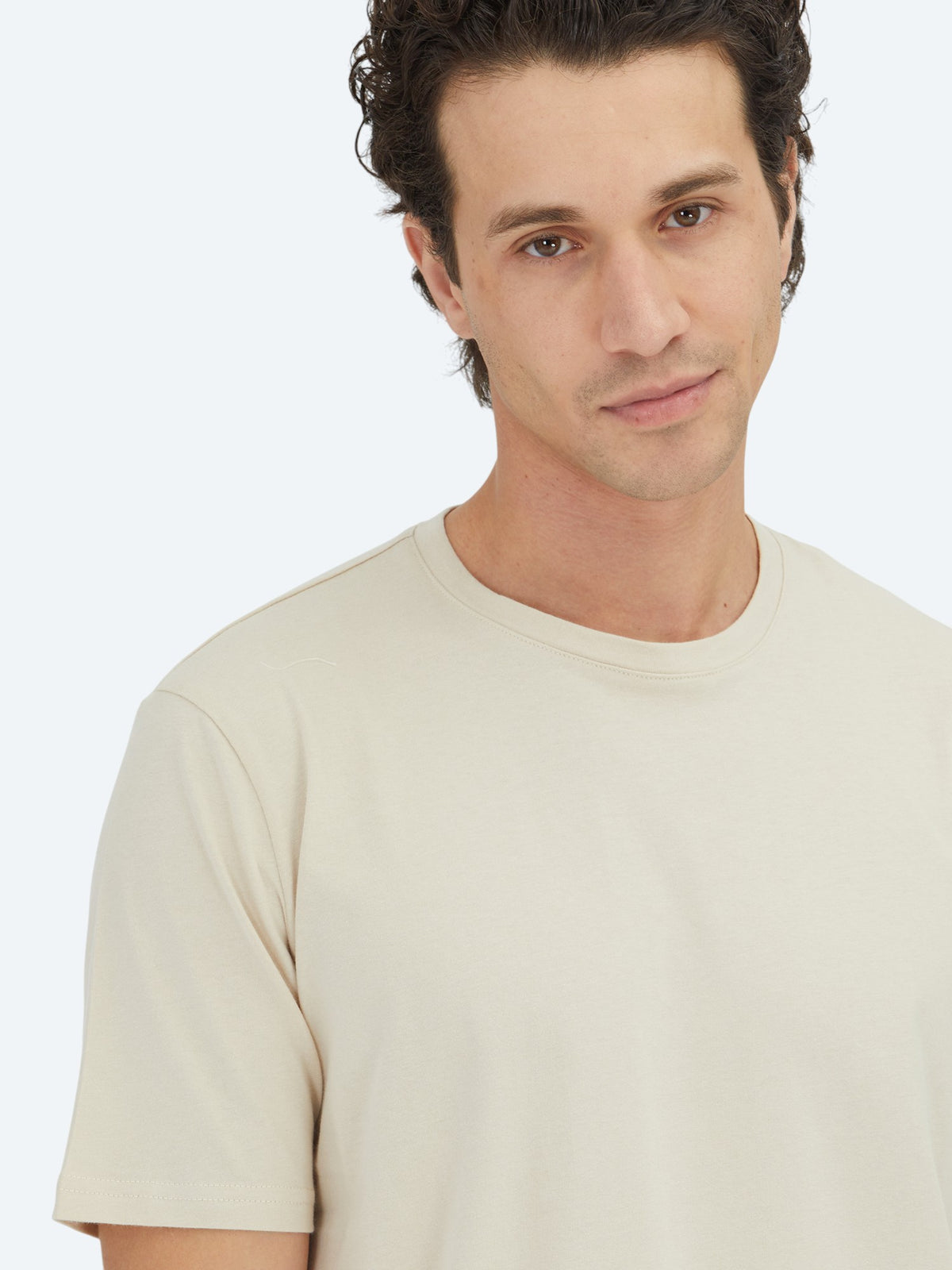 Bej Düz Bisiklet Yaka %100 Pamuk T-Shirt
