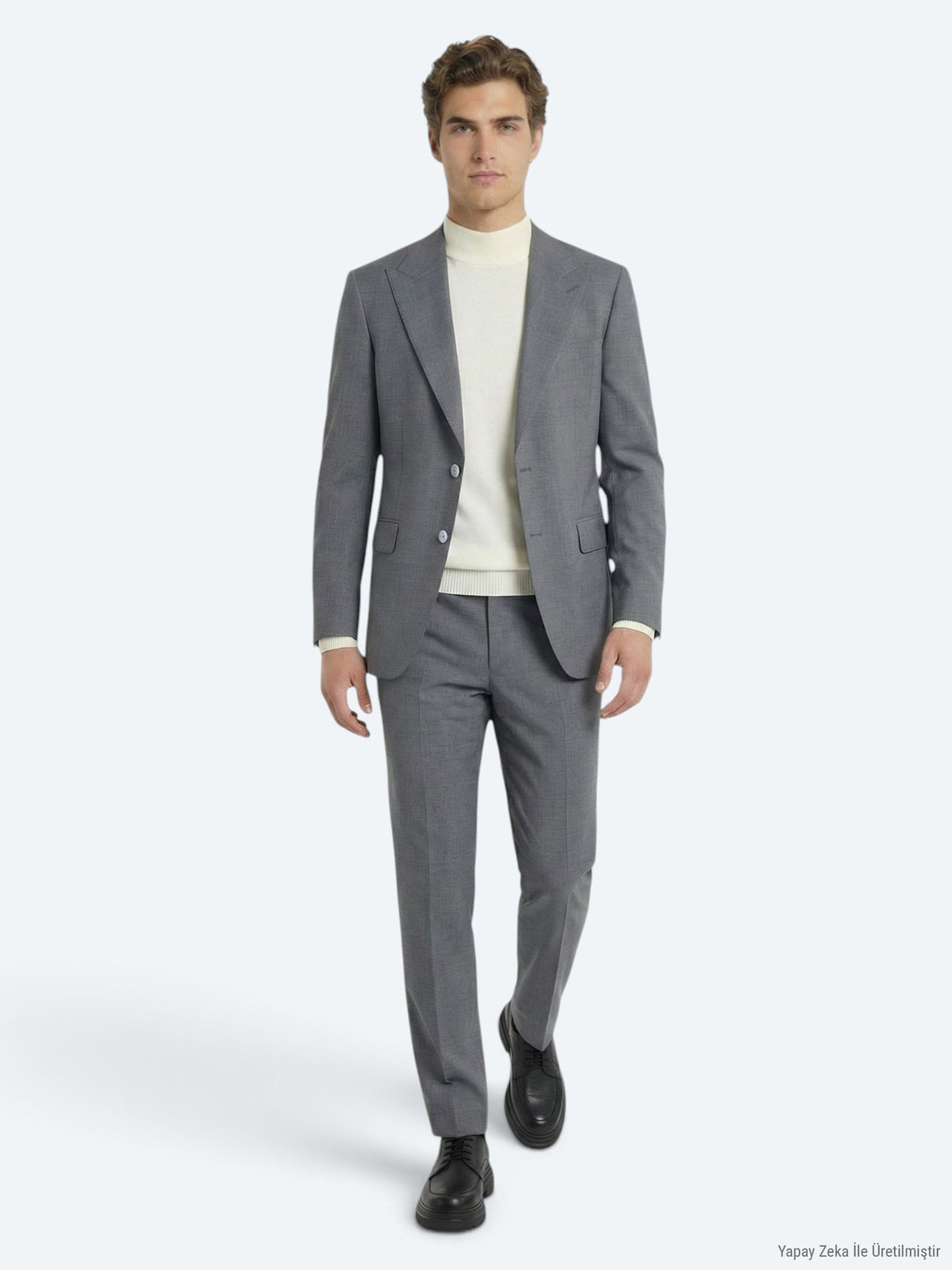 Gri Düz Modern Fit Yün Karışımlı Takım Elbise