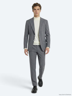 Gri Düz Modern Fit Yün Karışımlı Takım Elbise