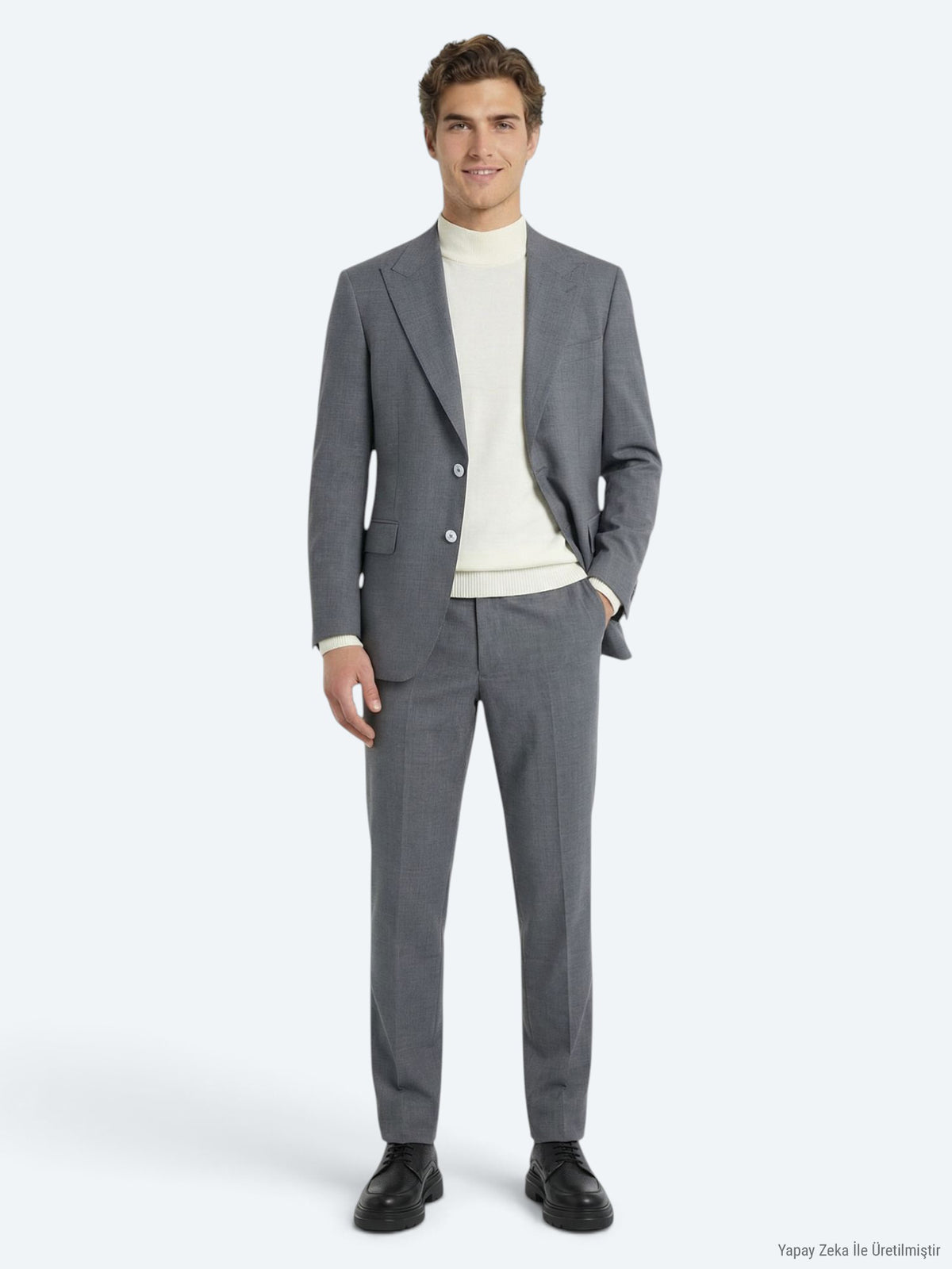 Gri Düz Modern Fit Yün Karışımlı Takım Elbise
