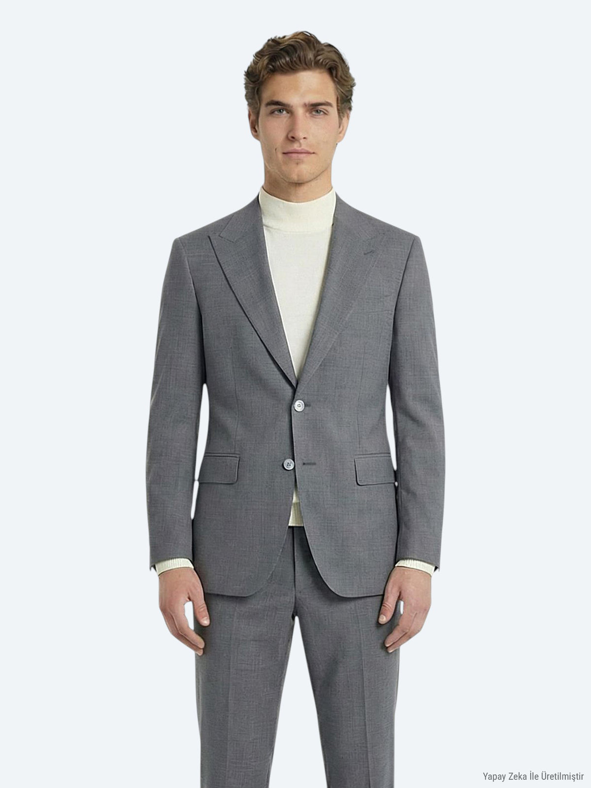 Gri Düz Modern Fit Yün Karışımlı Takım Elbise