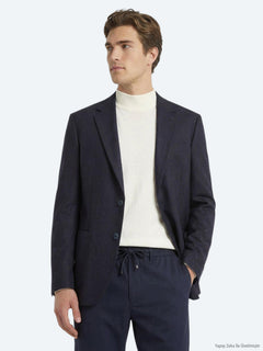 Lacivert Desenli Modern Fit Yün Karışımlı Ceket