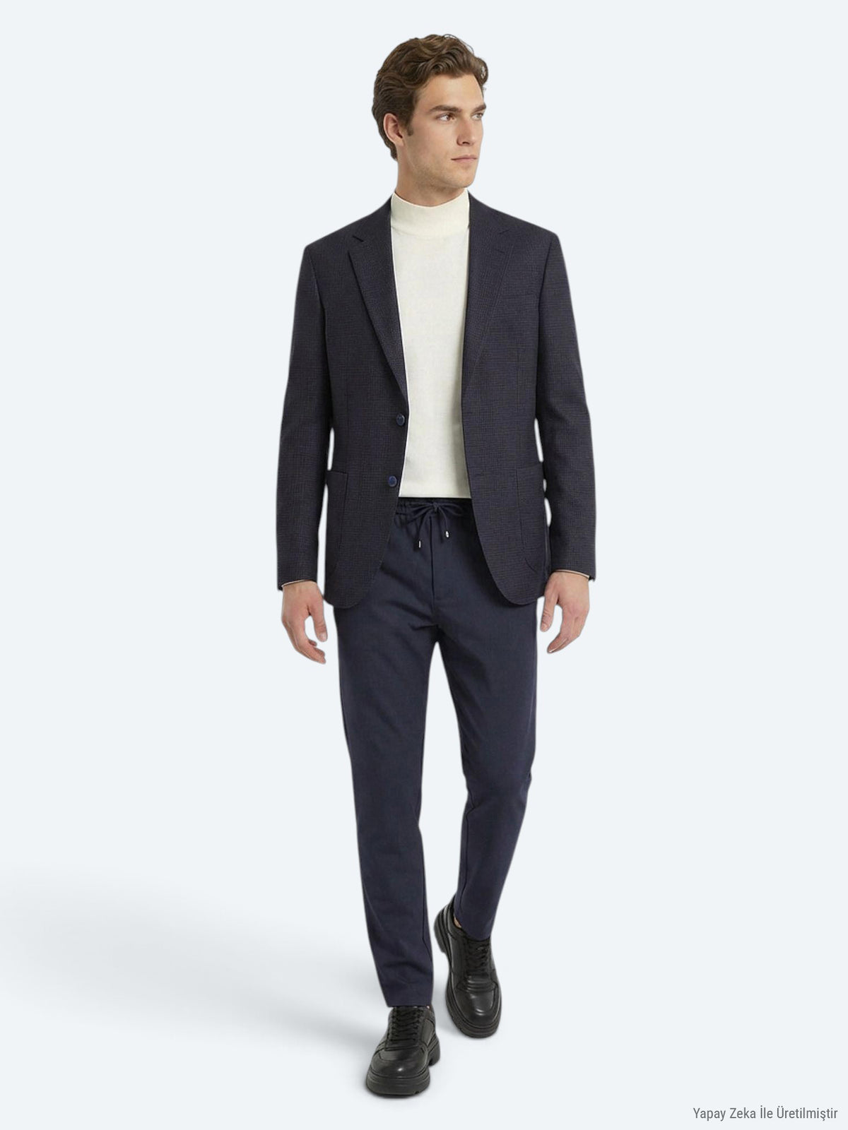 Lacivert Desenli Modern Fit Yün Karışımlı Ceket