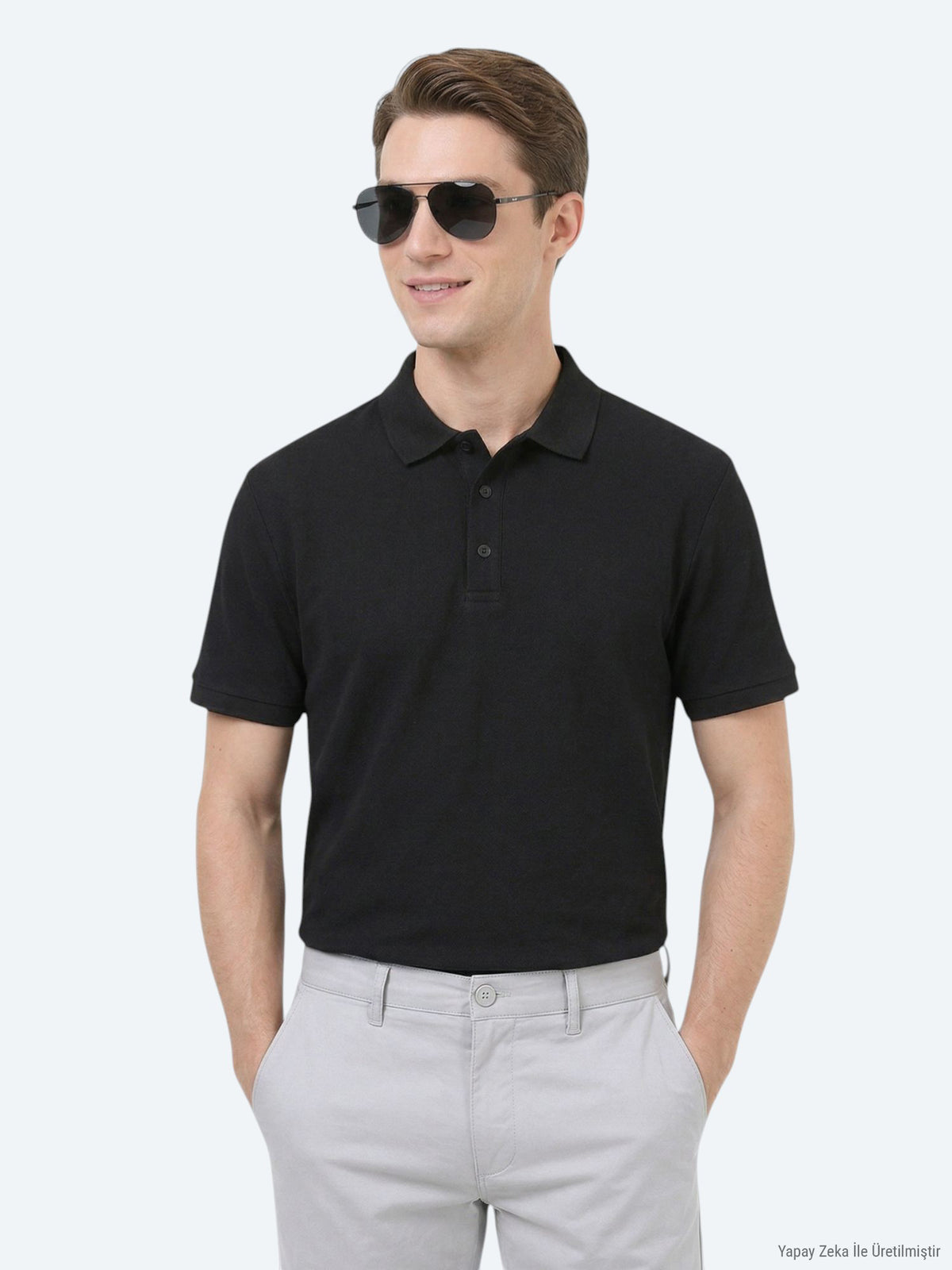 Siyah Düz Polo Yaka %100 Pamuk T-Shirt