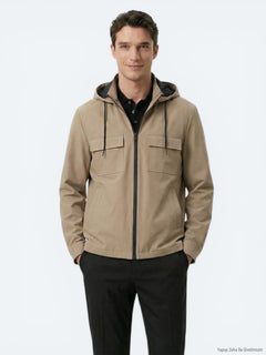 Açık Kahve Regular Fit Kapüşonlu Casual Dokuma Mont