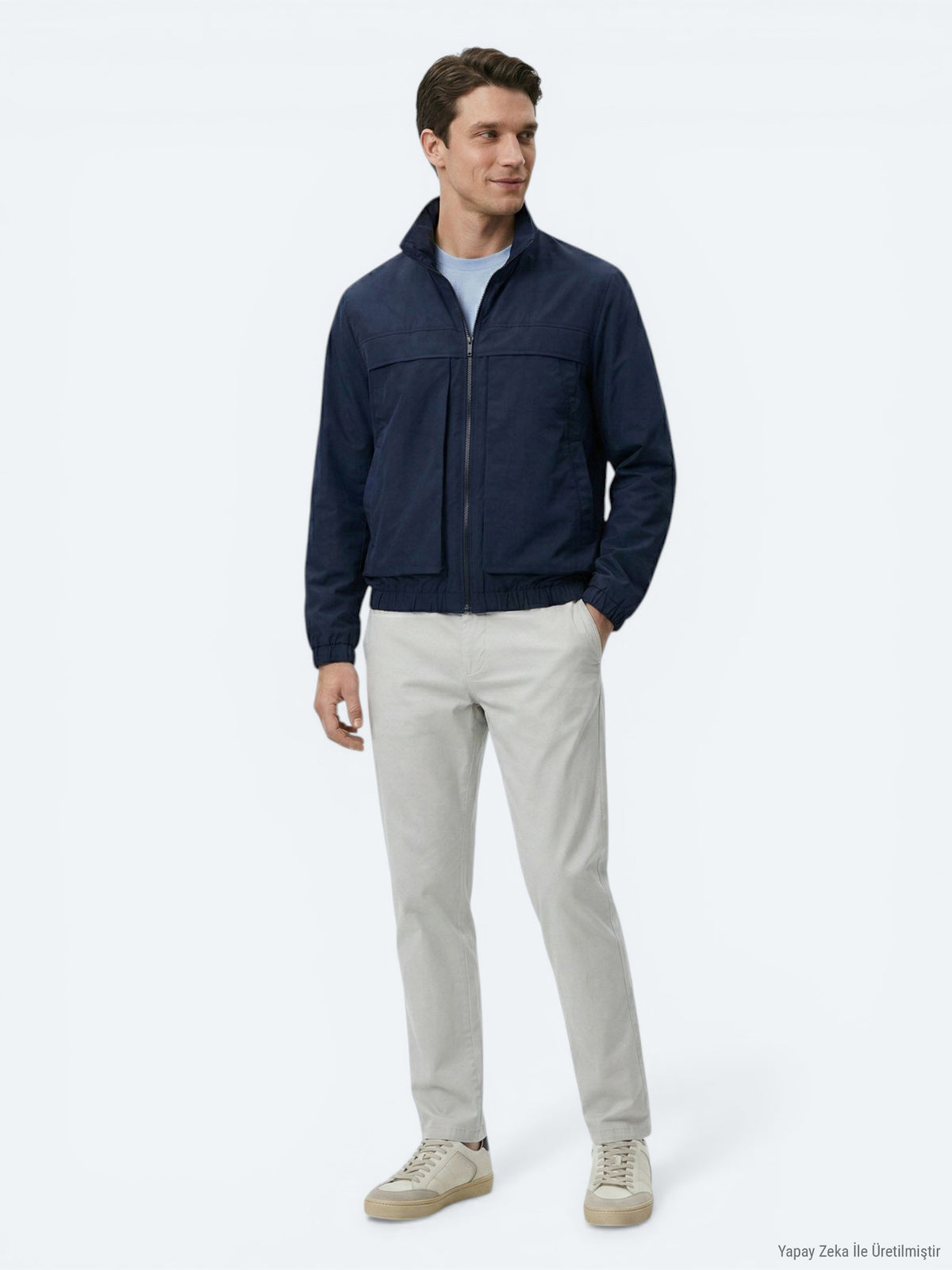 Lacivert Relaxed Fit Dik Yaka Casual Dokuma Mont
