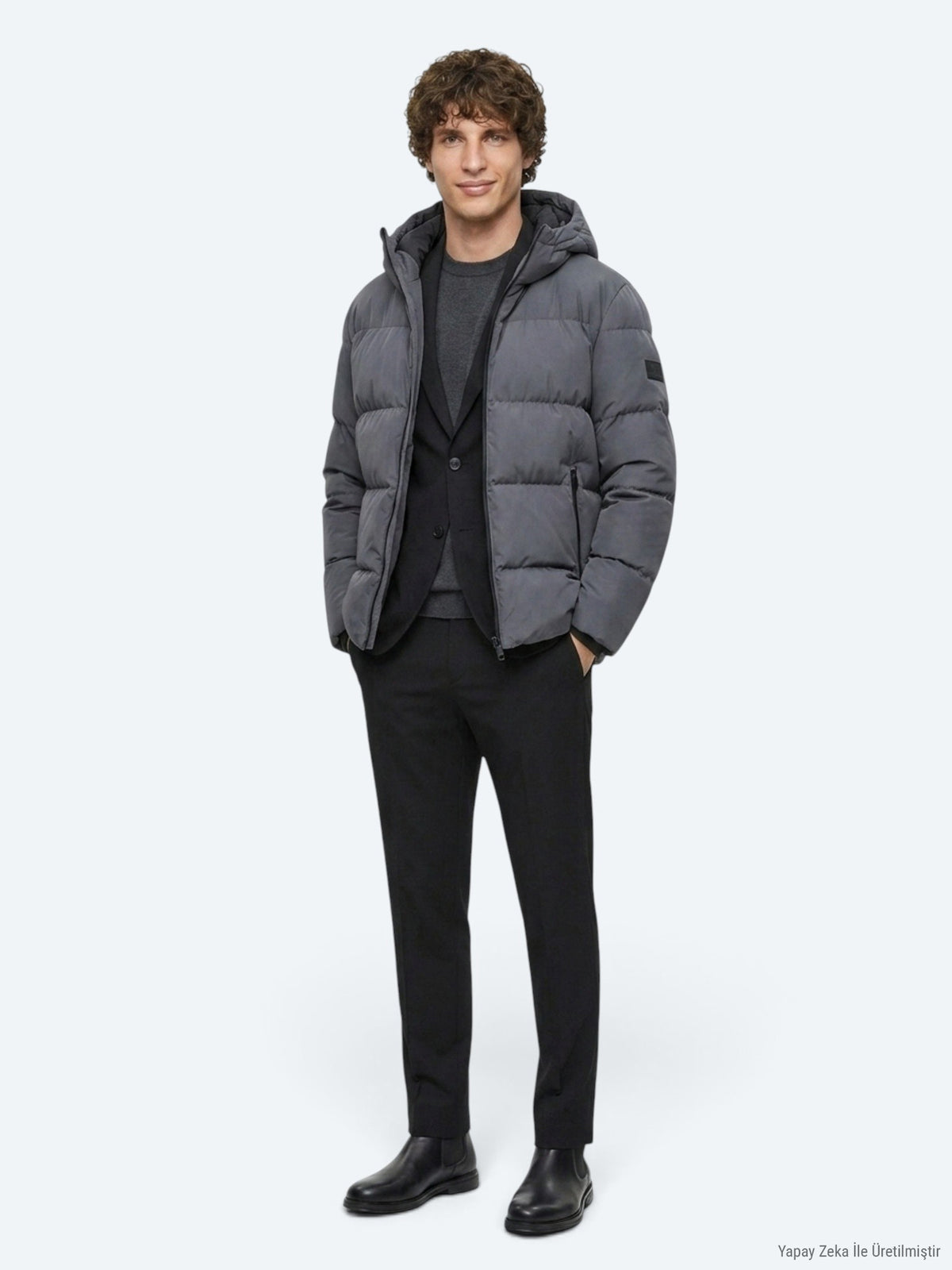 Gri Kapüşonlu Casual Dokuma Kaban