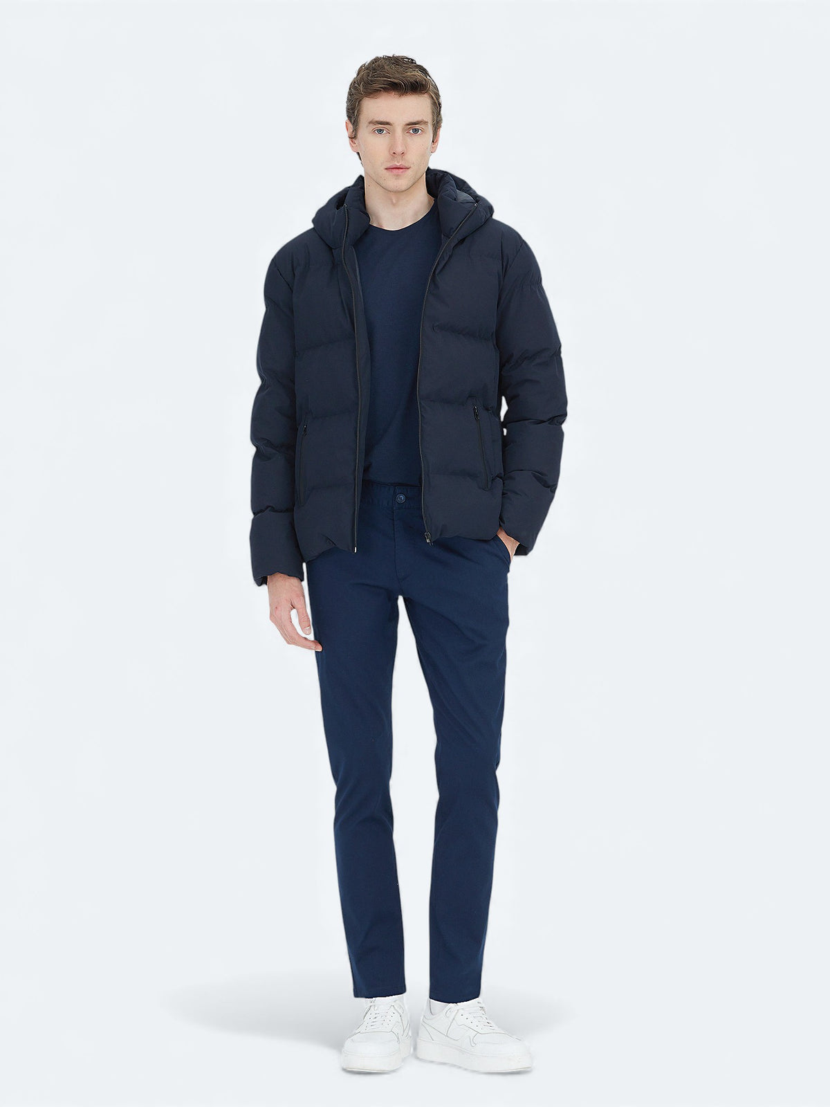 Lacivert Regular Fit Kapüşonlu Dokuma Mont